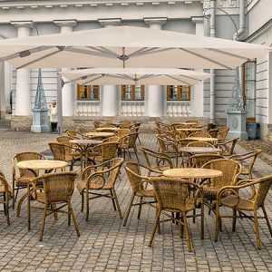 Saint Petersburg, Russia. Cafe tables in the Stables pavilion of Yelagin Island.